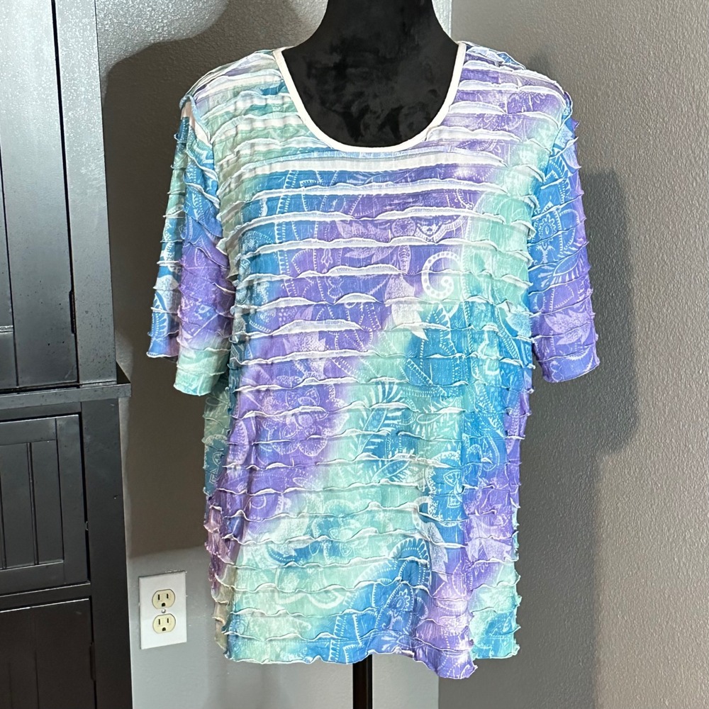 BonWorth Blouse Medium Textured Ruffle Top Blue Green Purple Short Sleeve